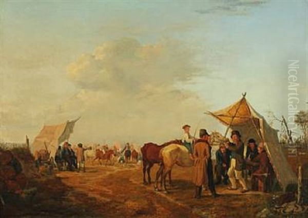 Et Sjaellandsk Hestemarked (a Zealand Horse Marked) Oil Painting by August (Poul A.) Plum