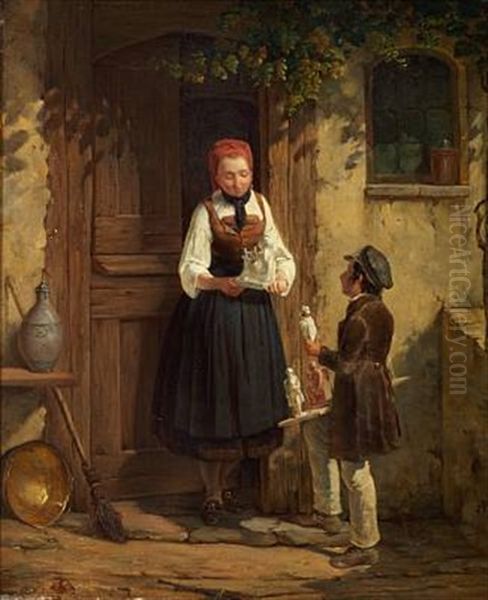 Young Man Offering A Figurine Oil Painting by August (Poul A.) Plum