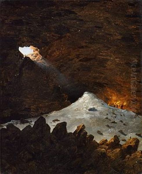 Light Coming Through A Mountain Wall To A Cave Oil Painting by August (Poul A.) Plum