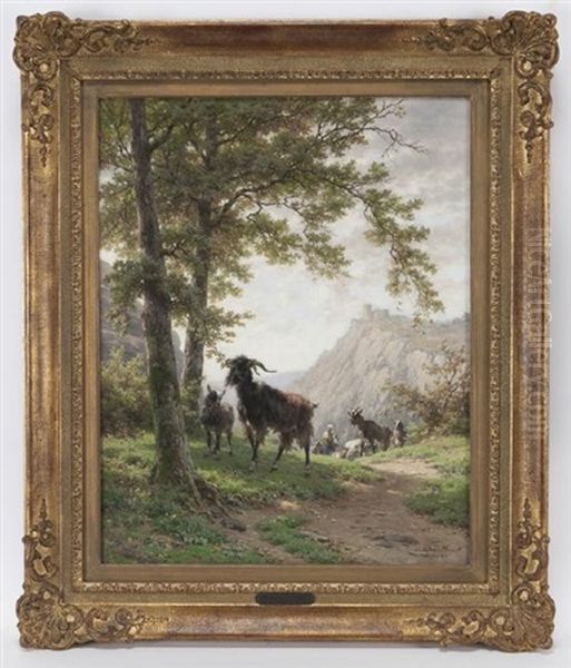 Untitled (goat Herd On The Hillside) Oil Painting by Andre Plumot