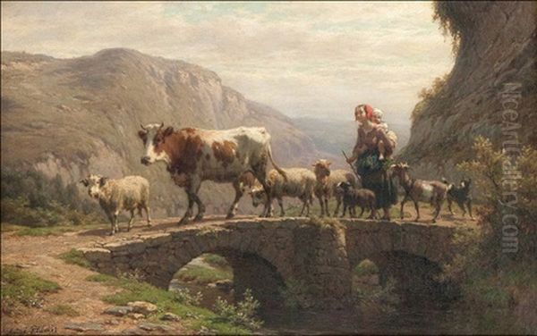 Paysage Accidente Avec Bergere Au Betail Traversant Un Pont En Pierre Oil Painting by Andre Plumot