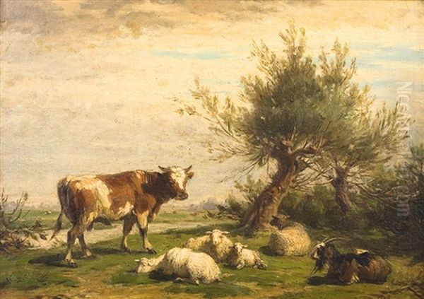 Vache, Bouc Et Moutons Oil Painting by Andre Plumot