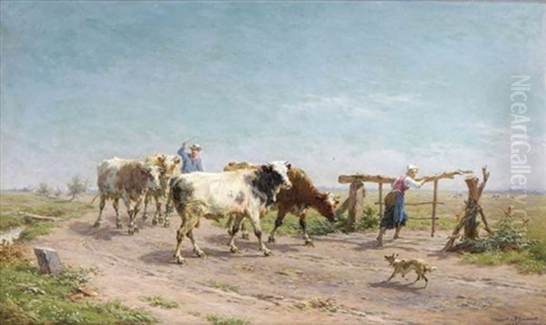 Couple De Paysans Avec Vaches Au Pre Oil Painting by Andre Plumot