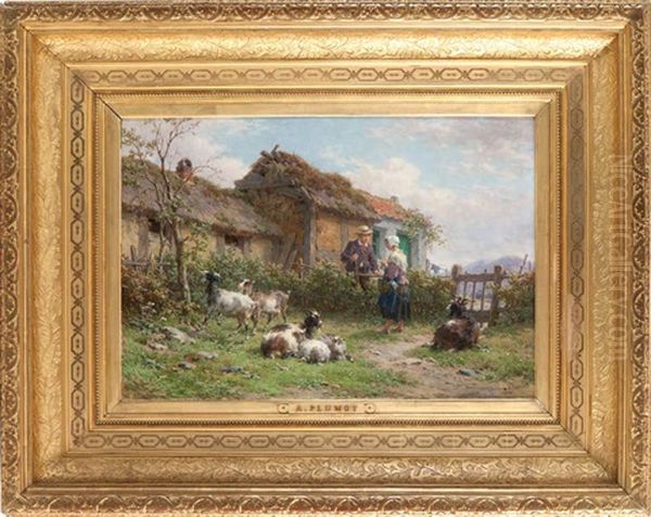 Jeune Couple De Bergers Amoureux Devant La Ferme Oil Painting by Andre Plumot