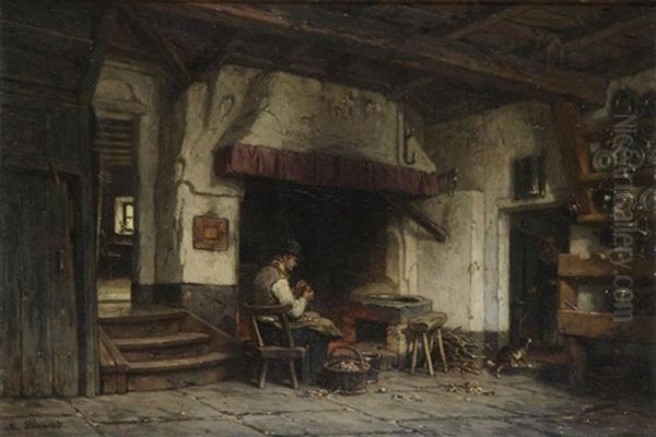 Farmer's Interior With Potato Peeler Oil Painting by Andre Plumot