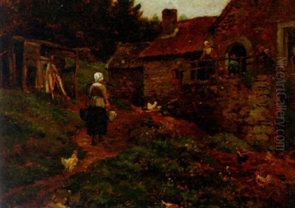 A Country Girl With Chickens Before A Farm Oil Painting by Andre Plumot