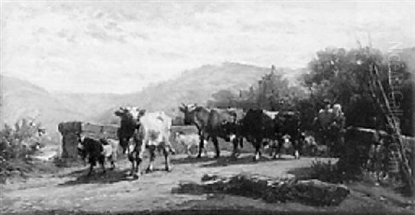 Drovers And Cattle On A Stone Bridge Oil Painting by Andre Plumot