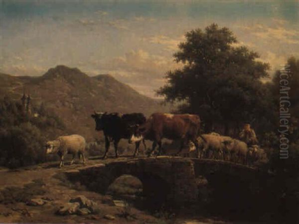 Cattle And Sheep Crossing A Bridge In A Landscape Oil Painting by Andre Plumot