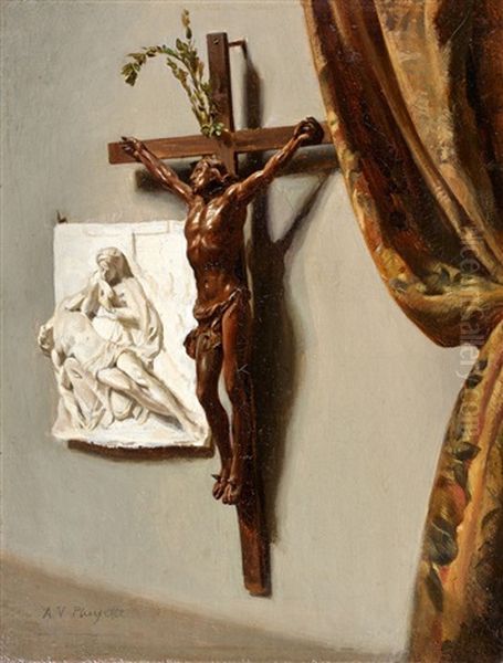 Trompe L'oeil Au Crucifix Et Au Bas-relief Oil Painting by Auguste-Victor Pluyette