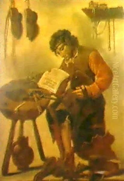 A Cobbler In His Workshop Oil Painting by Karel van der Pluym