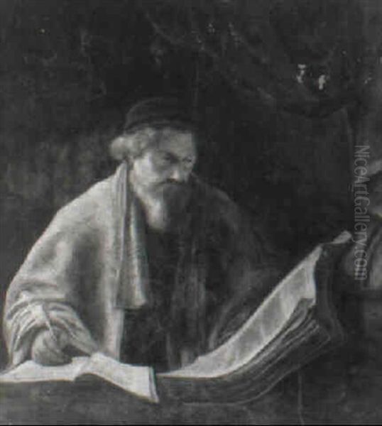 A Scholar In An Interior Oil Painting by Karel van der Pluym