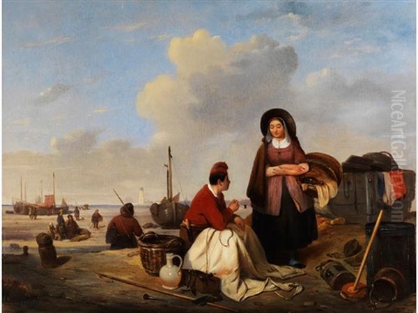 Genreszene Am Fischerstrand Oil Painting by Felix Louis Pluyms