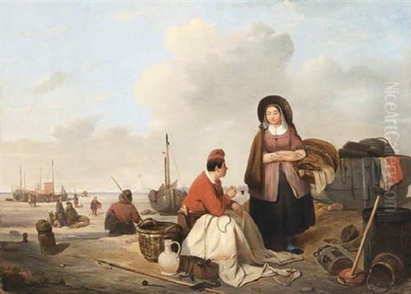 Fisherfolk On The Beach Oil Painting by Felix Louis Pluyms