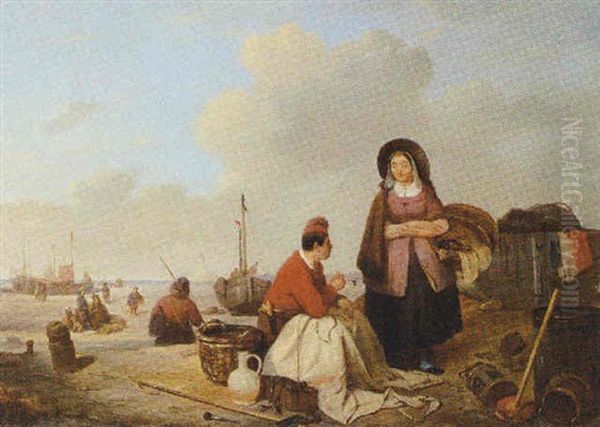 Fisherfolk On The Beach With Beached Pinks Along The Shore Oil Painting by Felix Louis Pluyms