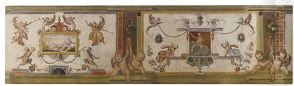 A Frieze With With Grotesques And Putti Flanking Panels With A Landscape And Neptune Oil Painting by Bernardino Barbarelli Poccetti