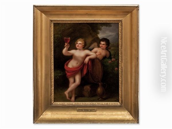 Cupid And Bacchus Oil Painting by Traugott Lebrecht Pochmann