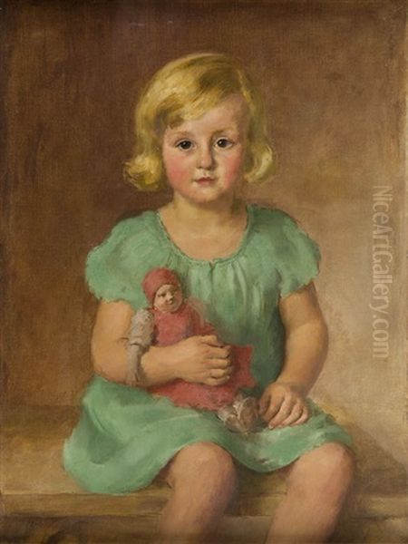 Daughter Of The Artist With A Doll Oil Painting by Kazimierz Pochwalski