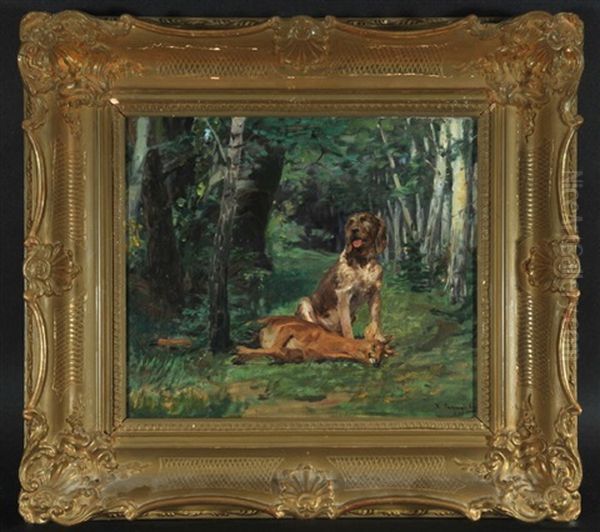 Jagdhund Mit Erlegtem Rehbock Im Wald Oil Painting by Kazimierz Pochwalski