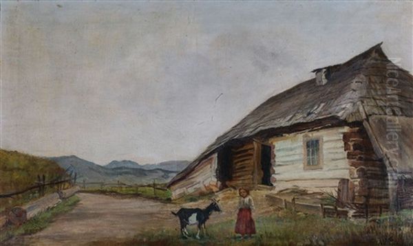 Dziewczynka Z Koza Przed Chata Oil Painting by Wladyslaw Pochwalski