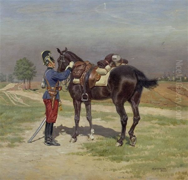 Kurassier Bei Seinem Pferd In Landschaft Mit Blick Auf Eine Alte Stadt Oil Painting by Alexander Pock