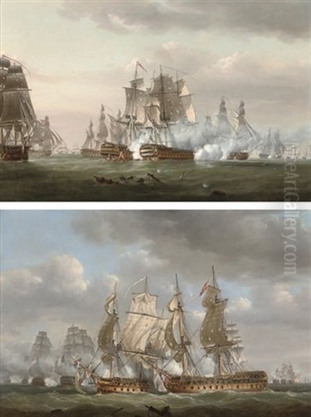 H.m.s. Tonnant Engaging The Spanish Monarca (+ H.m.s. Tonnant Accepting Monarca's Surrender; Pair) Oil Painting by Nicholas Pocock