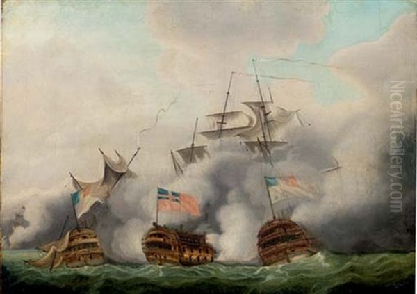 The "hms Brunswick" Engaging Two French Ships Off Ushant Oil Painting by Nicholas Pocock