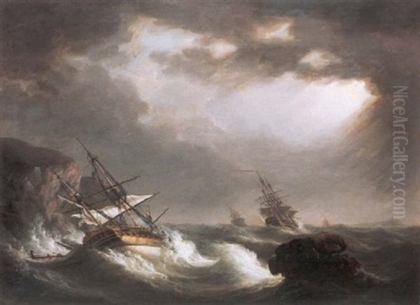 British Man-of-war In Rough Seas Off The Coast Oil Painting by Nicholas Pocock