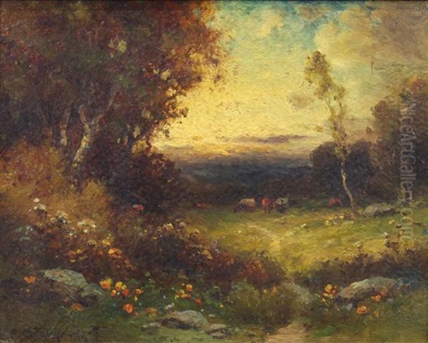 Landscape With Grazing Cattle Oil Painting by Alexis Matthew Podchernikoff