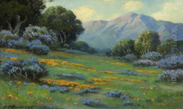 Mountain Landscape With Poppies And Lupine Oil Painting by Alexis Matthew Podchernikoff