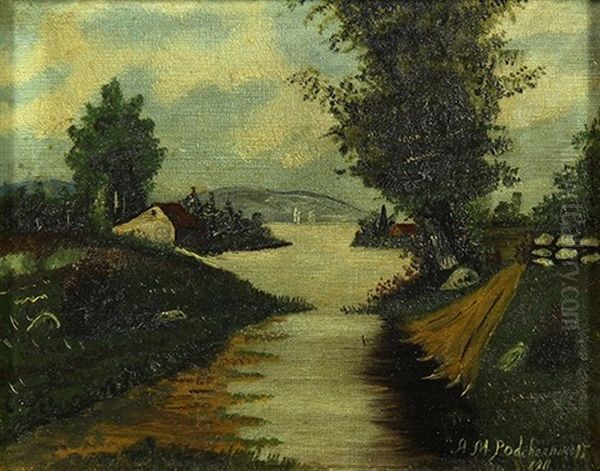 Quaint Cottage Along A River Oil Painting by Alexis Matthew Podchernikoff