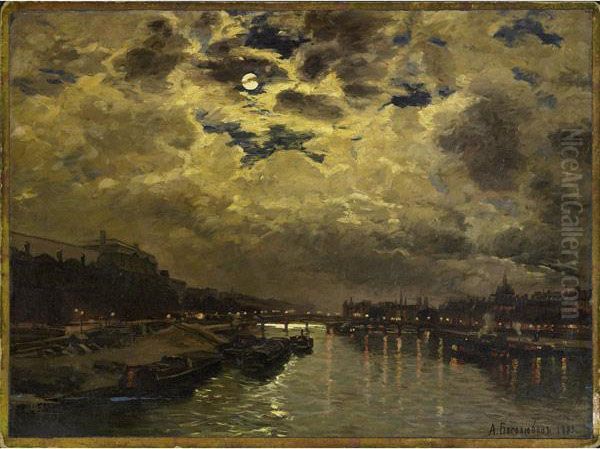 Night Scene Paris Oil Painting by Aleksei Petrovich Bogolyubov