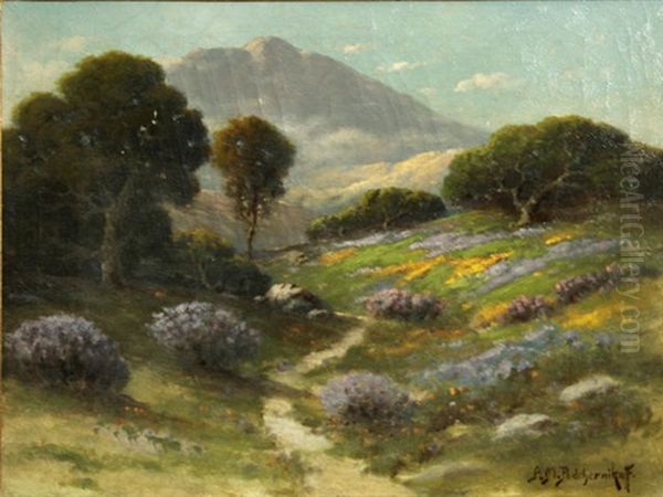 Path Through Wildflowers With Mountains Beyond Oil Painting by Alexis Matthew Podchernikoff