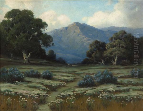 Oak Trees And Lupine In A California Landscape Oil Painting by Alexis Matthew Podchernikoff