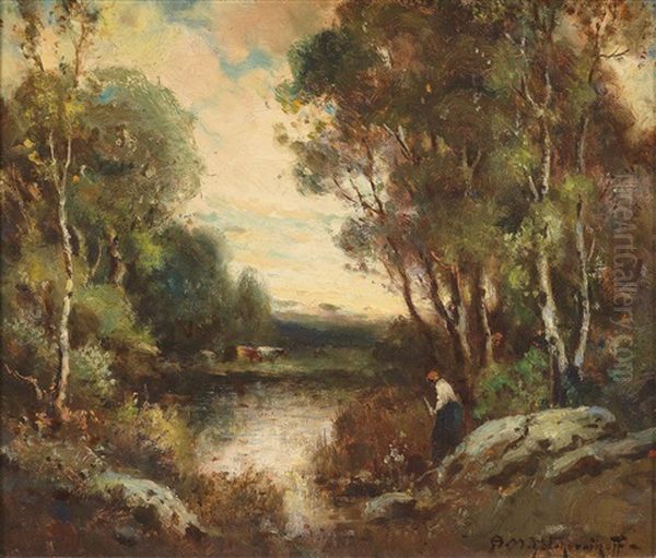 Abendstimmung Am Weiher Oil Painting by Alexis Matthew Podchernikoff