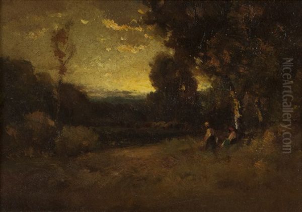 Two Figures In A Pastoral Landscape Oil Painting by Alexis Matthew Podchernikoff