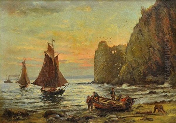 Fishing Boats Coming Ashore At Sunset Oil Painting by Alexis Matthew Podchernikoff