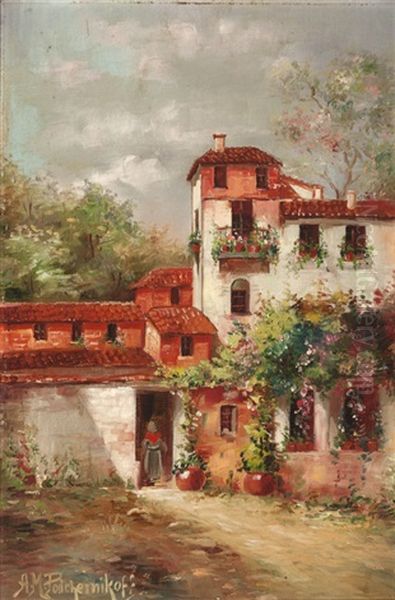 Figure In The Doorway Of A Spanish Style House Oil Painting by Alexis Matthew Podchernikoff