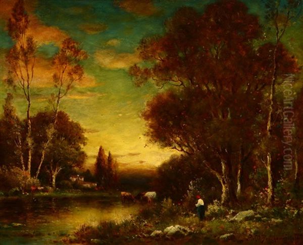 Figures Tending To Cattle Watering At Sunset Oil Painting by Alexis Matthew Podchernikoff