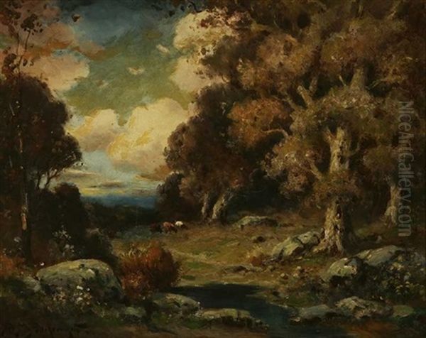 Landscape, Cows Watering Oil Painting by Alexis Matthew Podchernikoff