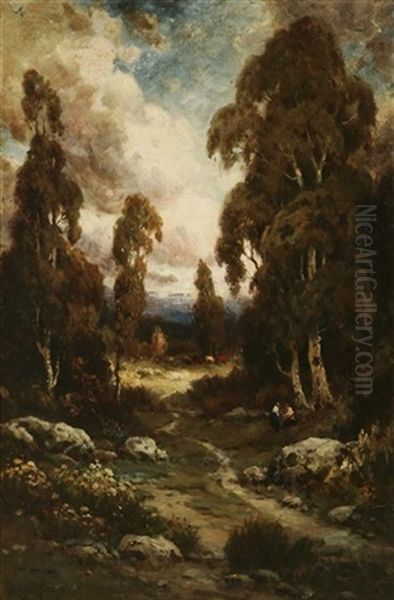 Figures And Cows In Wooded Landscape Oil Painting by Alexis Matthew Podchernikoff