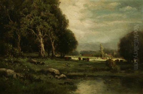 Cattle Watering In An Oak Glade Oil Painting by Alexis Matthew Podchernikoff