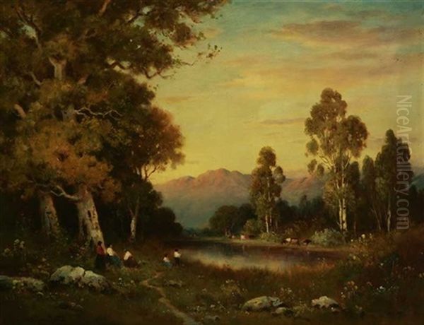 Atmospheric Landscape With Figures And Cows Near A Lake Oil Painting by Alexis Matthew Podchernikoff