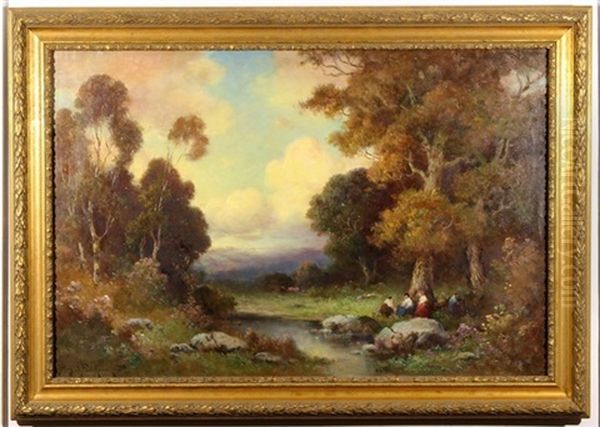 Picnic Amongst The Trees With A Setting Sun Oil Painting by Alexis Matthew Podchernikoff