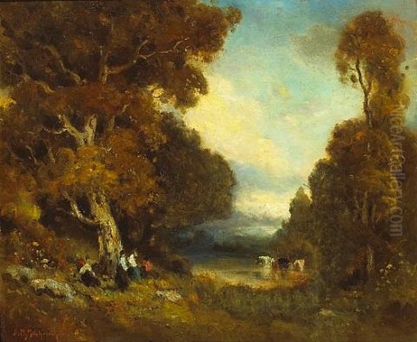 Figures By A Pond With Cattle Watering Oil Painting by Alexis Matthew Podchernikoff