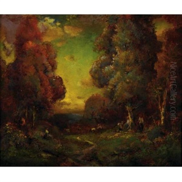 Gathering Wood In A Forest Clearing Oil Painting by Alexis Matthew Podchernikoff