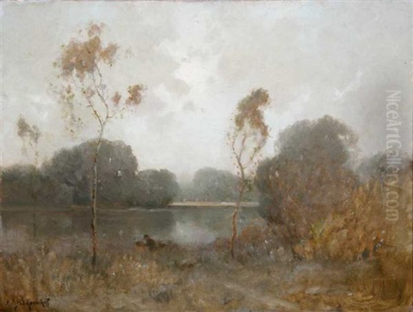 Hazy Eucalyptus River Landscape Oil Painting by Alexis Matthew Podchernikoff