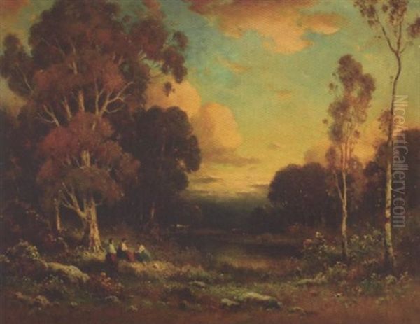 Figures And Cattle Watering In Wooded Landscape by Alexis Matthew Podchernikoff