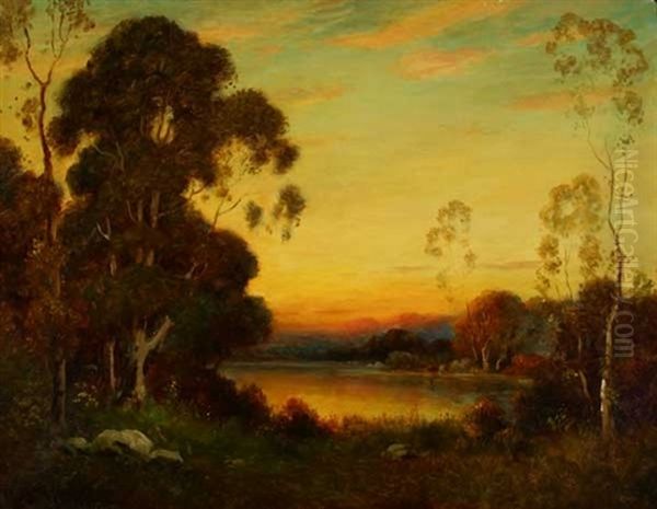 Lake In Sunset Wooded Landscape by Alexis Matthew Podchernikoff