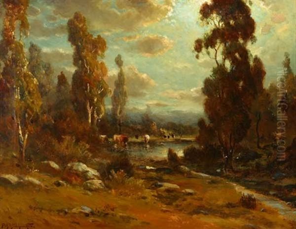 Moon's Radiance - Cattle Watering In Moonlit Landscape Oil Painting by Alexis Matthew Podchernikoff