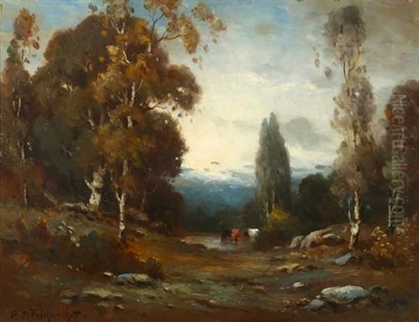 Cattle Watering In Wooded Landscape Oil Painting by Alexis Matthew Podchernikoff